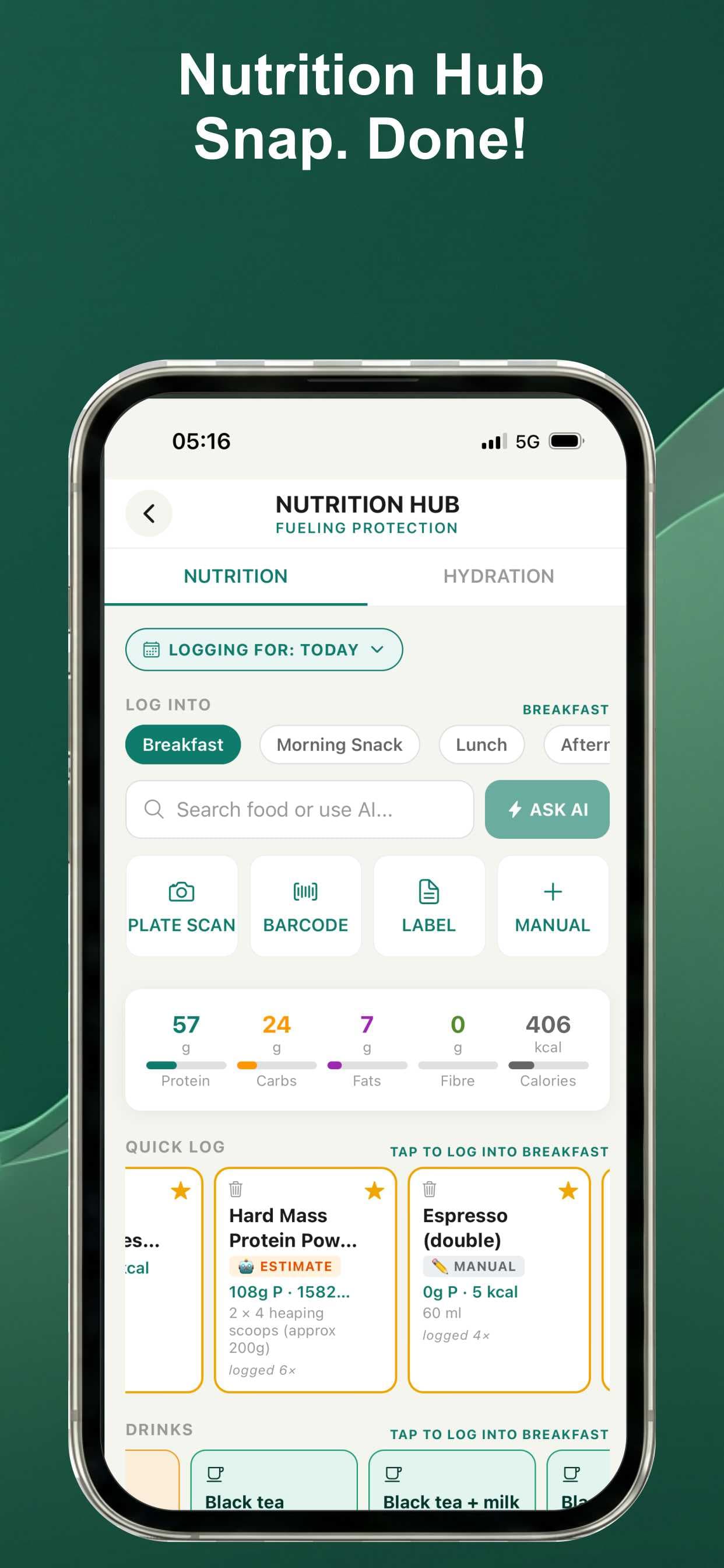 Nutrition Hub Fueling Protection with Plate Scan and Barcode logging